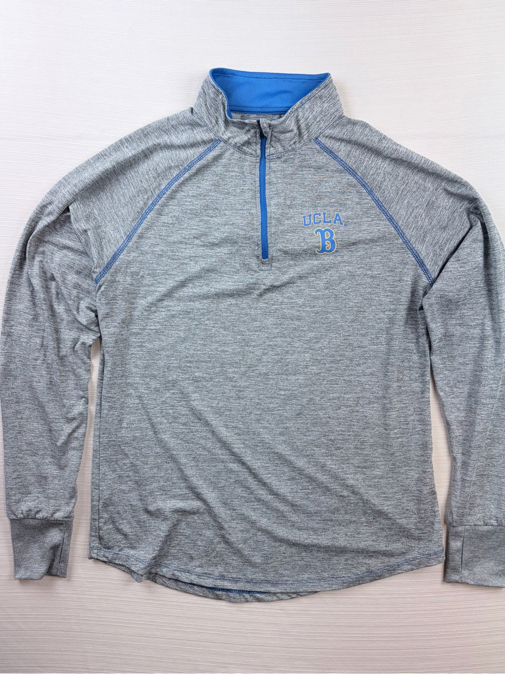 UCLA Women’s quarter zip Grey Heather Rash Guard with Blue Trim Size L